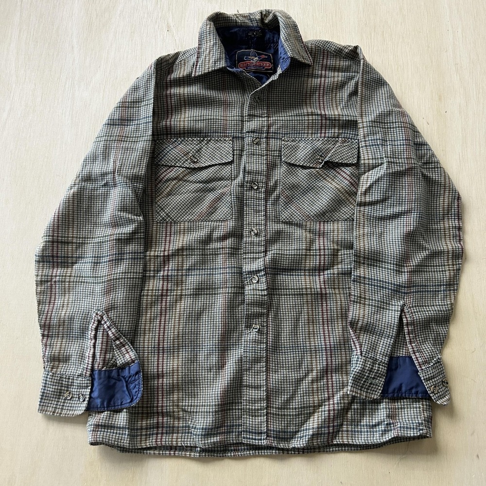 Vintage Back-Packer Jacket Mens Medium Beige Plaid Quilted Lined Flannel Outdoor